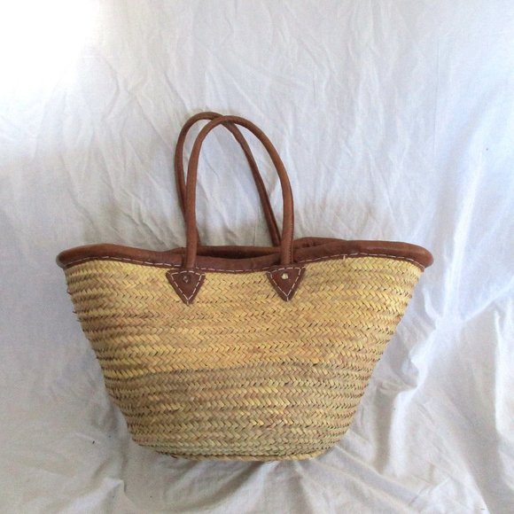 MESSAGE Woven Basket Leather TOTE Bag NATURAL Shopper Market Summer Purse - Picture 1 of 8